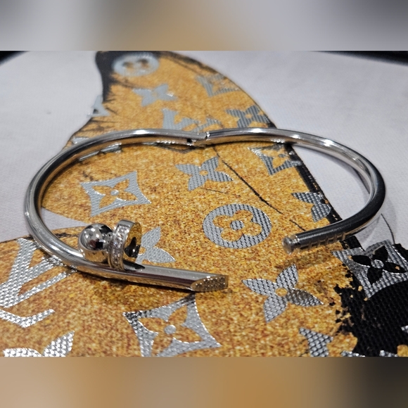 NEW Stainless Steel Silver-Tone Bent Nail Bangle Bracelet with Crystal Accents - Picture 2 of 6